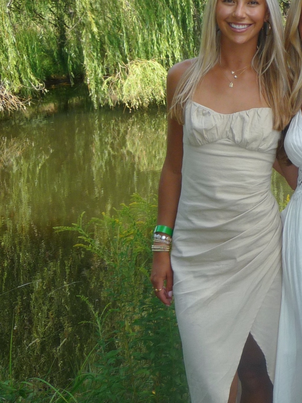 Zara Cream Strapless Ruched Maxi Dress with Front Slit